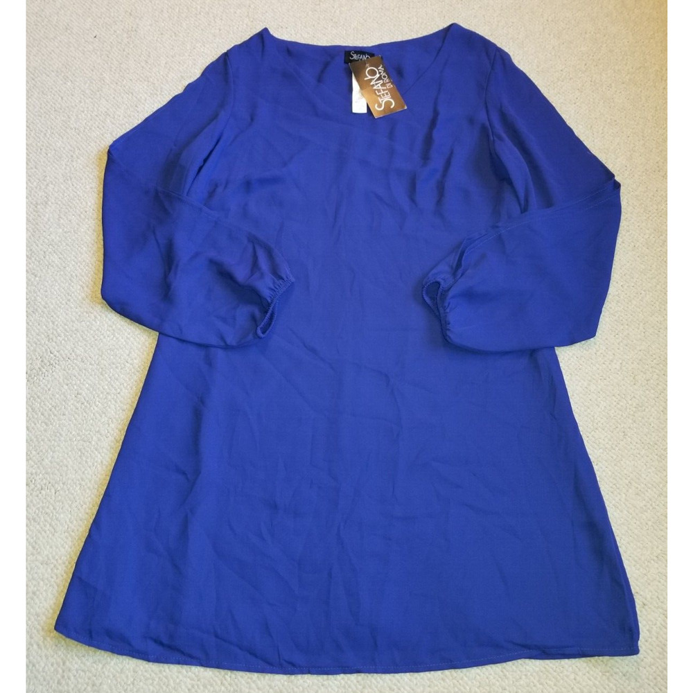 NWT Womens Dress-STEFANO DI ROMA-blue "Nashla" silky shift cold shoulder ls-L
